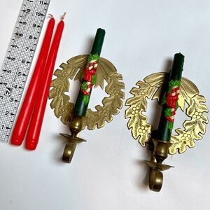 Set of Two Vintage Christmas Hosley International Brass Wreath Candle Holder Can
